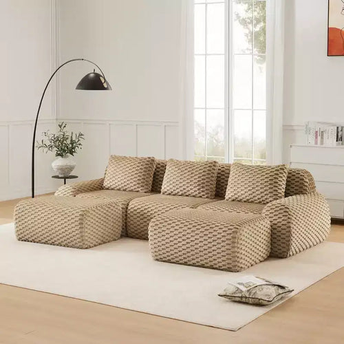114 U-Shaped Modular Sofa Flannelette 3-Seater Ottoman Buckle No Assembly Light Camel
