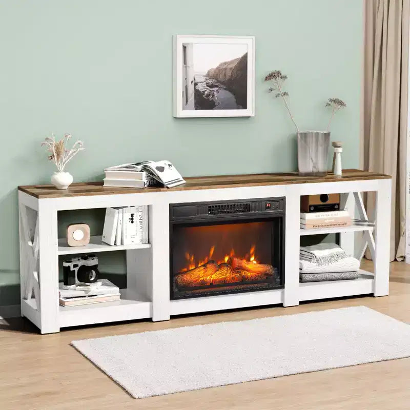Farmhouse 70'' TV Stand For Tvs Up To 70'' With 23'' Electric Fireplace and Adjustable Shelves