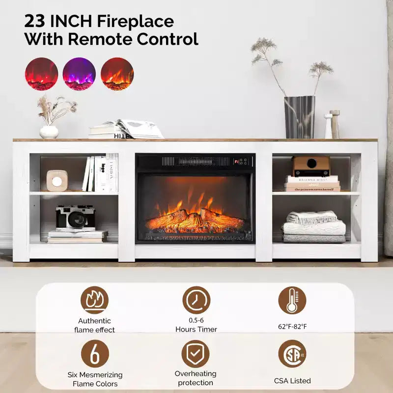 Farmhouse 70'' TV Stand For Tvs Up To 70'' With 23'' Electric Fireplace and Adjustable Shelves