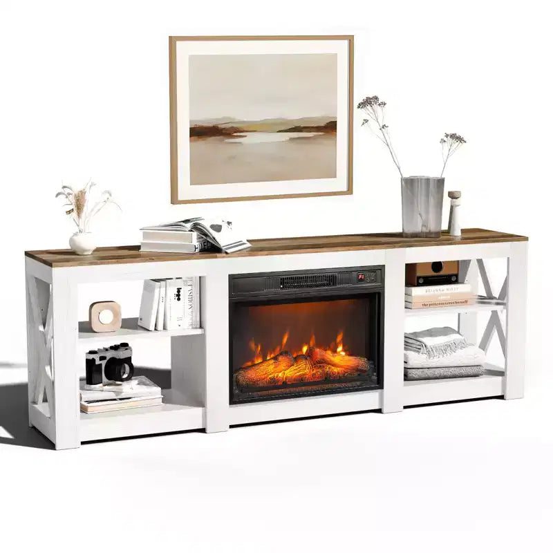 Farmhouse 70'' TV Stand For Tvs Up To 70'' With 23'' Electric Fireplace and Adjustable Shelves