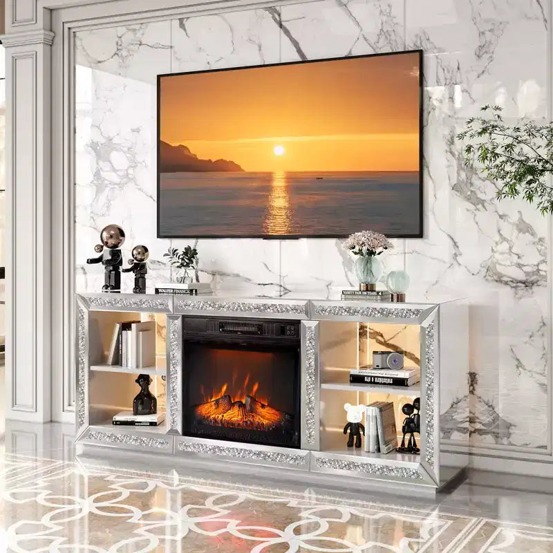 56in Diamond Mirror Fireplace TV Stand Fit Up To 70in TV with 18in Fireplace