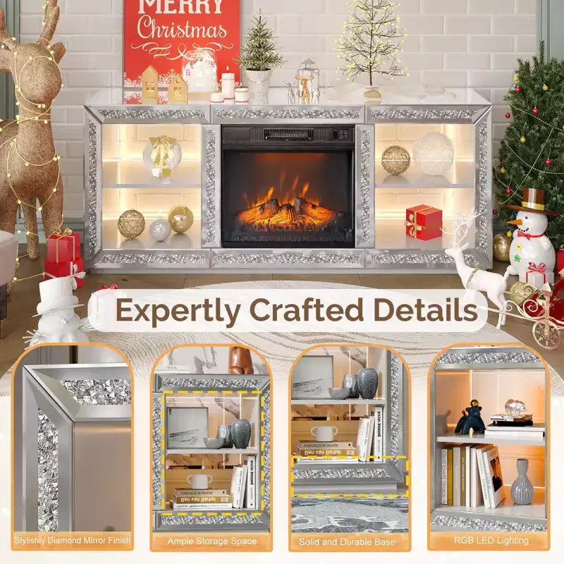 56in Diamond Mirror Fireplace TV Stand Fit Up To 70in TV with 18in Fireplace