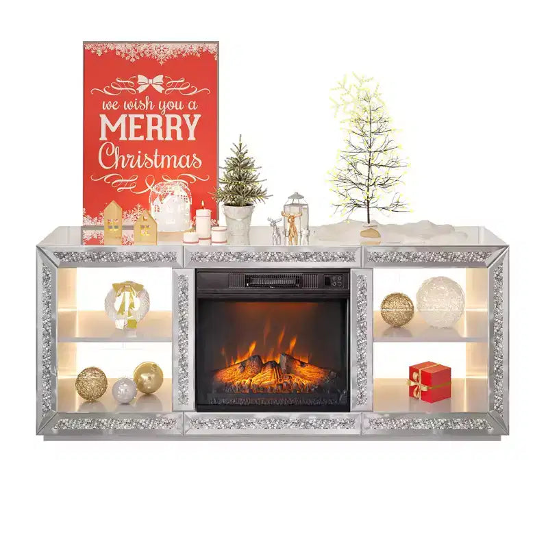 56in Diamond Mirror Fireplace TV Stand Fit Up To 70in TV with 18in Fireplace