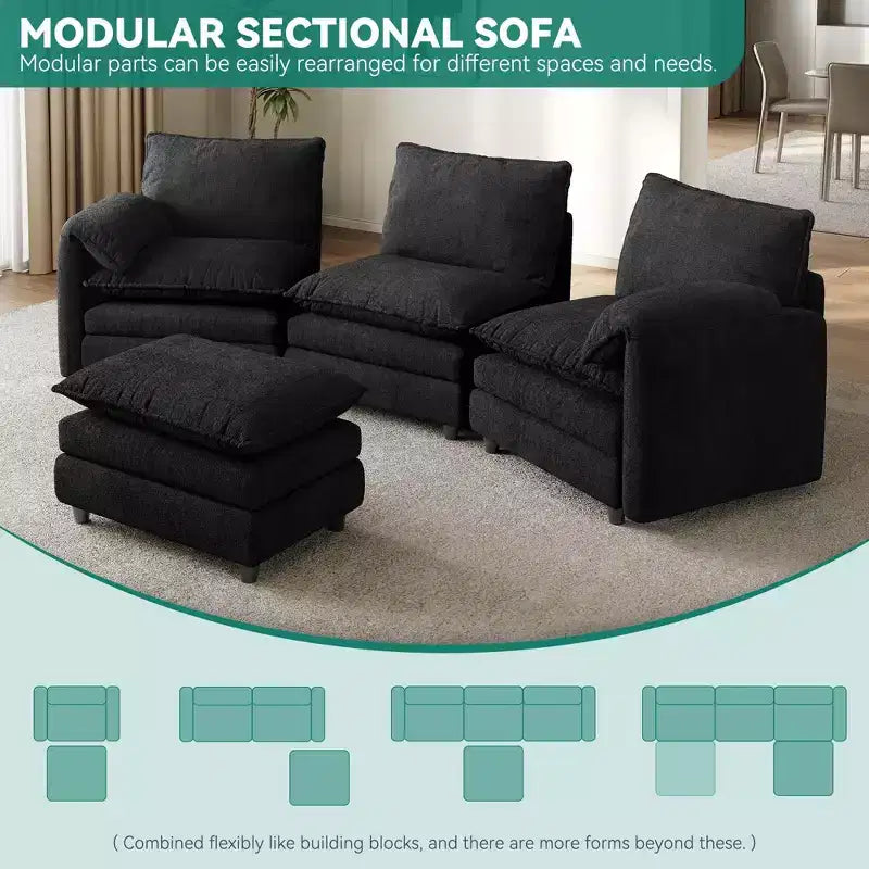 Sectional Sofa Couches L-Shape Upholstered Cloud Couch Sofa Couch Set With Ottomans 2 Seats Comfy Couch No Assembly