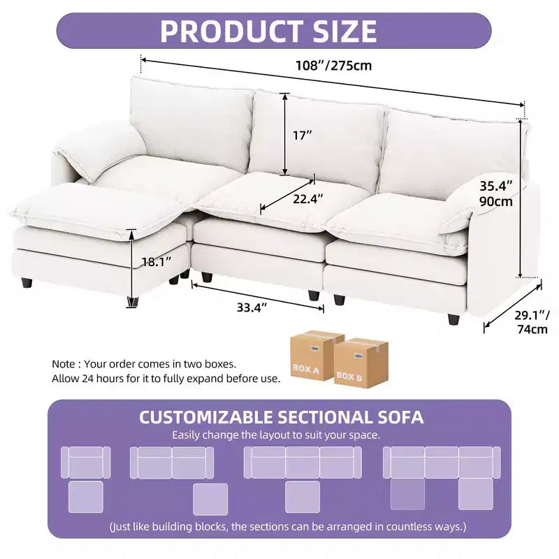 Sectional Sofa Couches L-Shape Upholstered Cloud Couch Sofa Couch Set With Ottomans 2 Seats Comfy Couch No Assembly