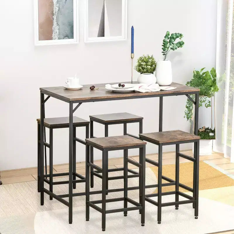 5-Piece Industrial Dining Table Set, Bar Table & 4 Stools Set, Space Saving for Pub & Kitchen/Black