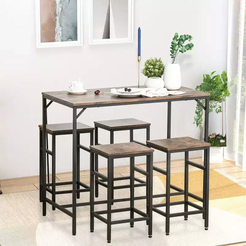 5-Piece Industrial Dining Table Set, Bar Table & 4 Stools Set, Space Saving for Pub & Kitchen/Black