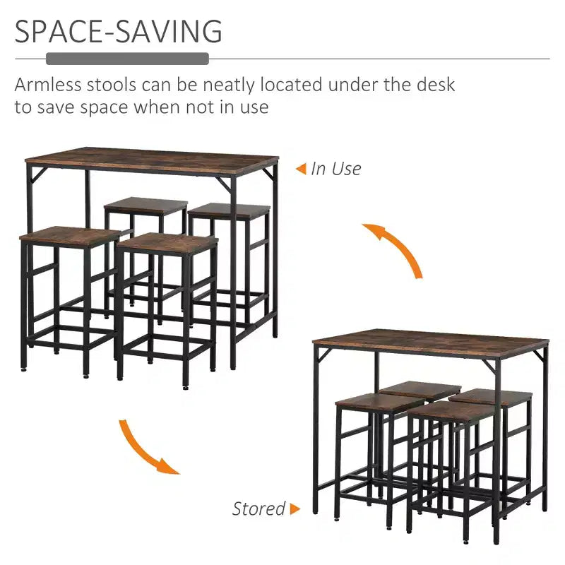 5-Piece Industrial Dining Table Set, Bar Table & 4 Stools Set, Space Saving for Pub & Kitchen/Black