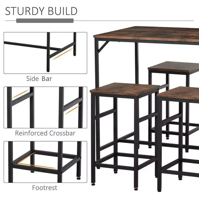 5-Piece Industrial Dining Table Set, Bar Table & 4 Stools Set, Space Saving for Pub & Kitchen/Black