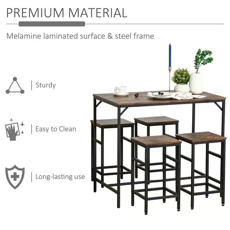 5-Piece Industrial Dining Table Set, Bar Table & 4 Stools Set, Space Saving for Pub & Kitchen/Black