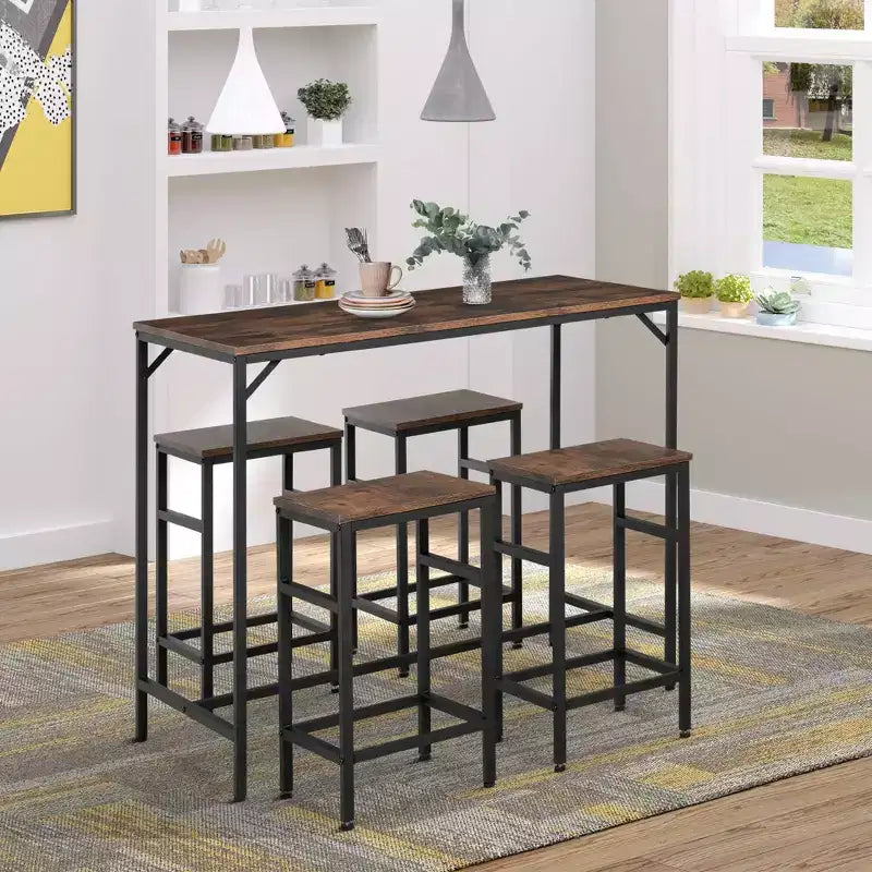 5-Piece Industrial Dining Table Set, Bar Table & 4 Stools Set, Space Saving for Pub & Kitchen/Black