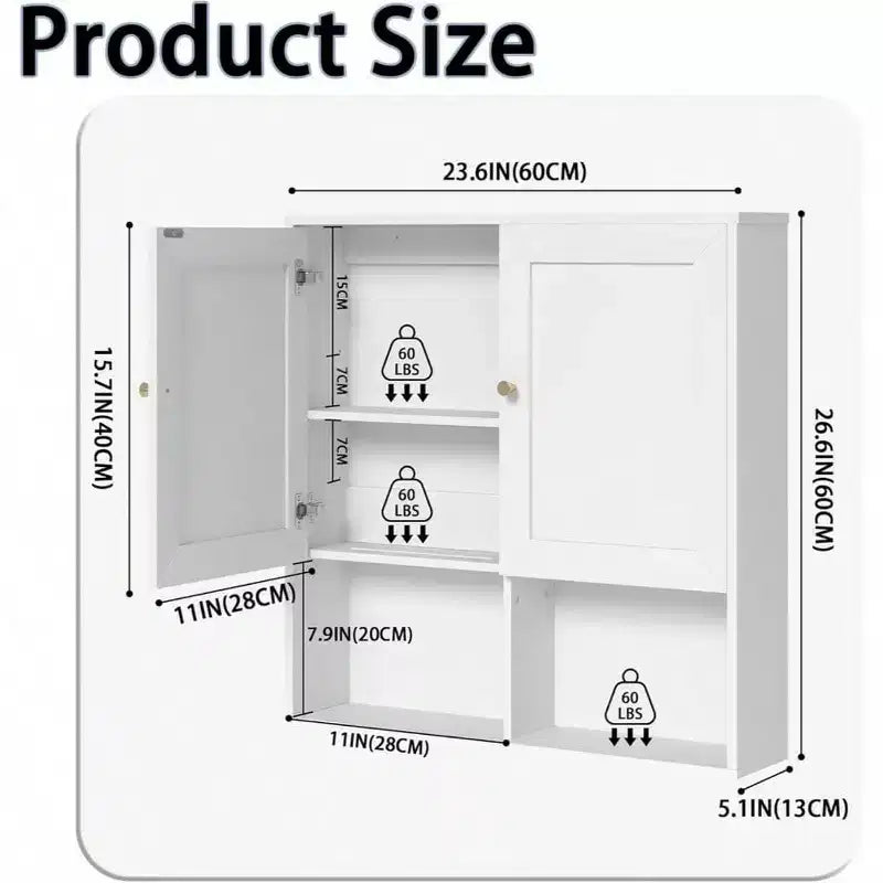 Bathroom Wall Cabinet with 2 Doors Adjustable Shelves 3 - Tier Wood Storage Over Toilet White Wall Mounted