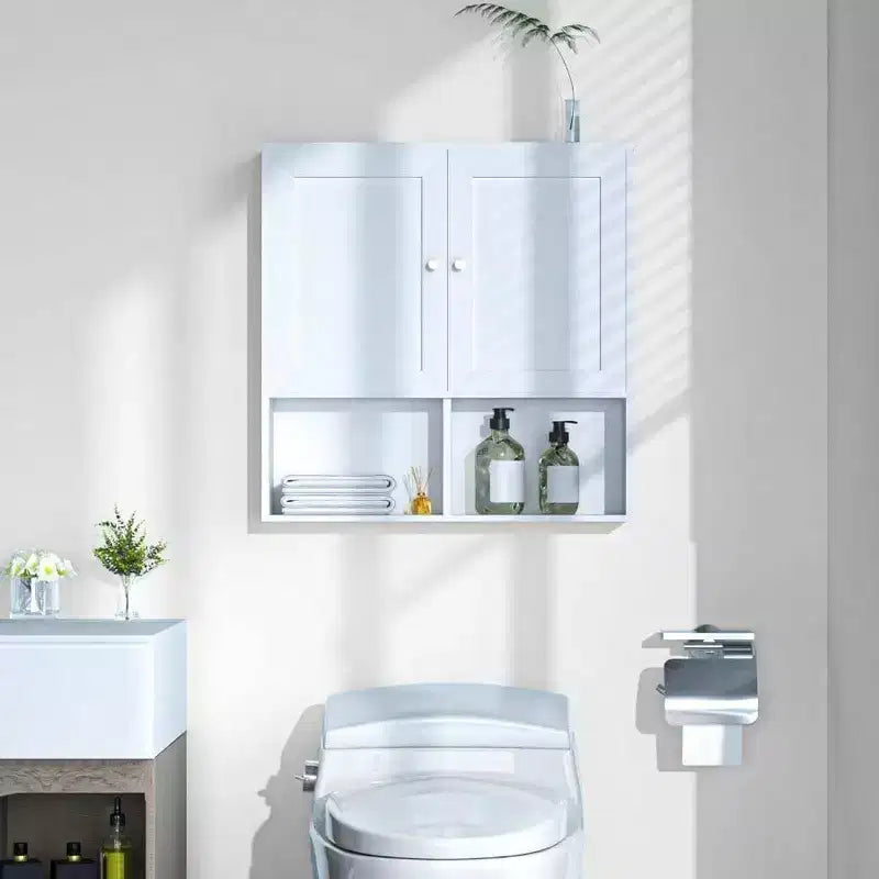 Bathroom Wall Cabinet with 2 Doors Adjustable Shelves 3 - Tier Wood Storage Over Toilet White Wall Mounted