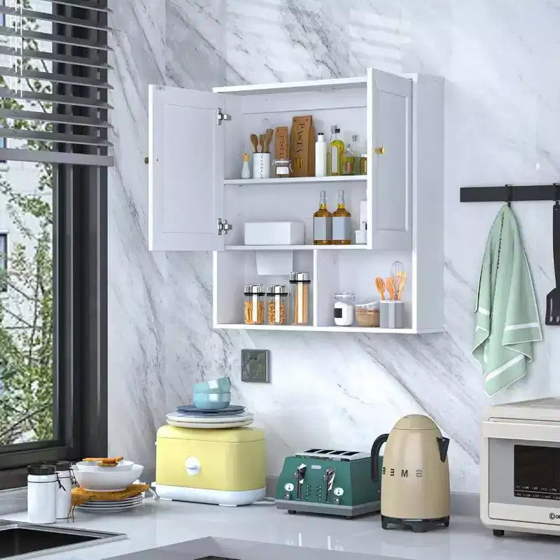 Bathroom Wall Cabinet with 2 Doors Adjustable Shelves 3 - Tier Wood Storage Over Toilet White Wall Mounted