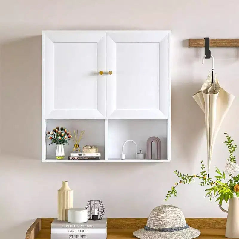Bathroom Wall Cabinet with 2 Doors Adjustable Shelves 3 - Tier Wood Storage Over Toilet White Wall Mounted