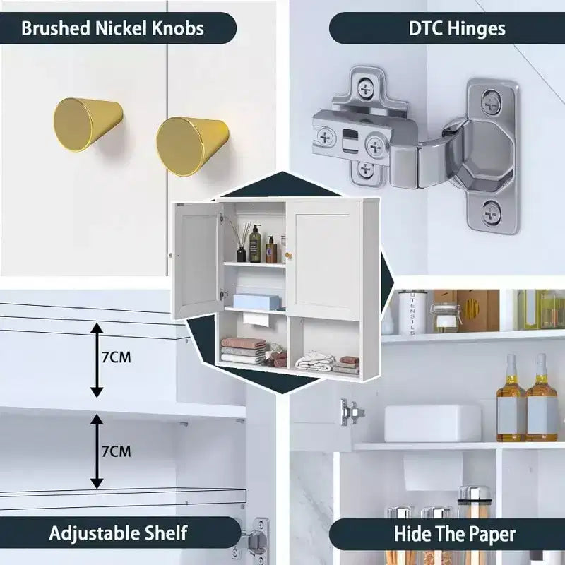 Bathroom Wall Cabinet with 2 Doors Adjustable Shelves 3 - Tier Wood Storage Over Toilet White Wall Mounted