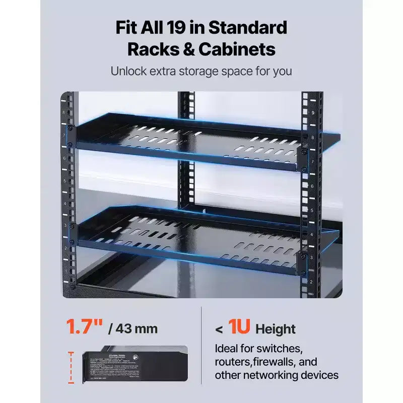 VEVOR 1U Server Rack Shelf, 4 PCS, 50 lbs Max Load-Bearing Vented Cantilever, Wall Mount or Rack Mount Shelf with Tray, 10 in Depth, Black