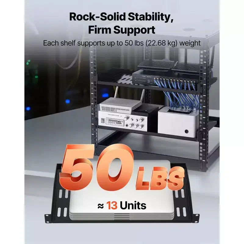 VEVOR 1U Server Rack Shelf, 4 PCS, 50 lbs Max Load-Bearing Vented Cantilever, Wall Mount or Rack Mount Shelf with Tray, 10 in Depth, Black