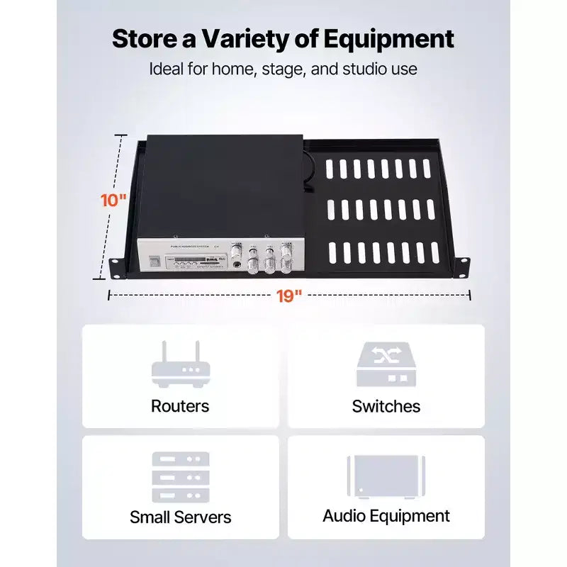 VEVOR 1U Server Rack Shelf, 4 PCS, 50 lbs Max Load-Bearing Vented Cantilever, Wall Mount or Rack Mount Shelf with Tray, 10 in Depth, Black