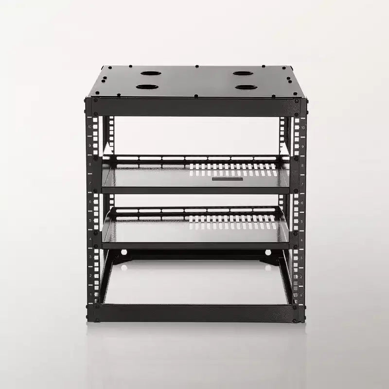 VEVOR 10U Open Frame Network Rack, 23 in Depth, Wall Mounted or Floor Standing Server Rack, Heavy Duty 4 Post, with Vented Shelves, Black