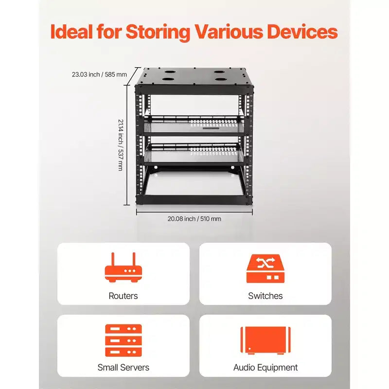 VEVOR 10U Open Frame Network Rack, 23 in Depth, Wall Mounted or Floor Standing Server Rack, Heavy Duty 4 Post, with Vented Shelves, Black