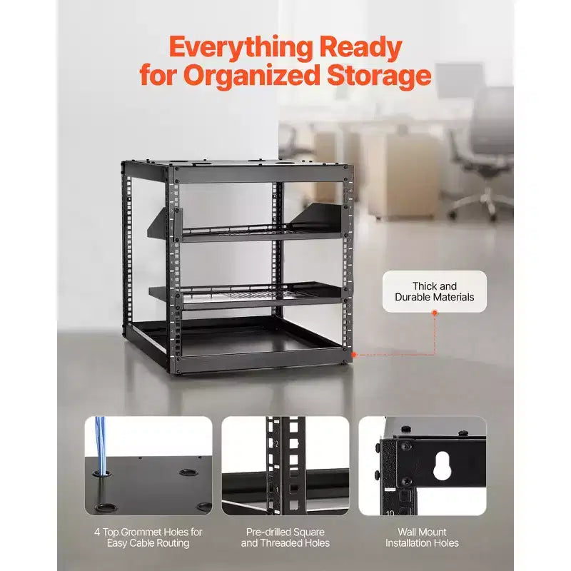 VEVOR 10U Open Frame Network Rack, 23 in Depth, Wall Mounted or Floor Standing Server Rack, Heavy Duty 4 Post, with Vented Shelves, Black
