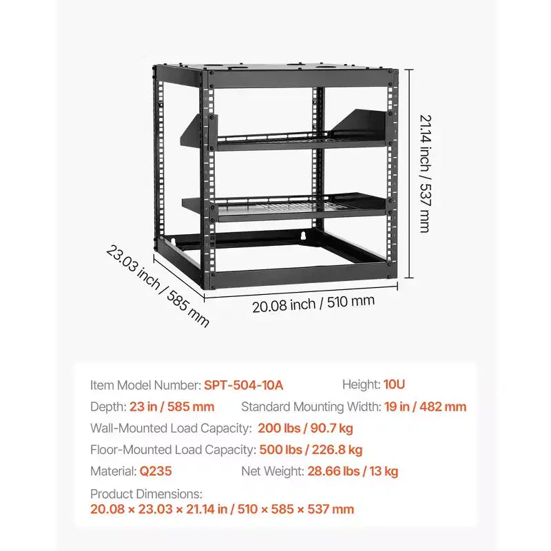 VEVOR 10U Open Frame Network Rack, 23 in Depth, Wall Mounted or Floor Standing Server Rack, Heavy Duty 4 Post, with Vented Shelves, Black
