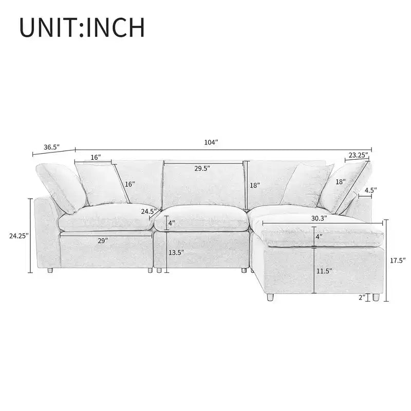 Couch Convertible Sectional Sofa with Sloped Armrest, 4 Seat Upholstered Sofa, Sectional Couch Sofa with Removal Cushions