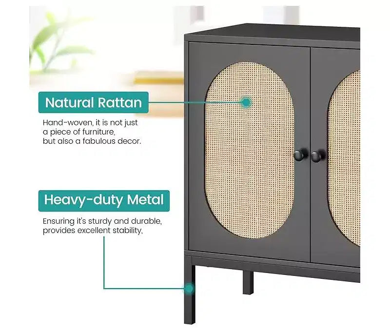 Sideboard Buffet Cabinet, Wooden Storage Cabinet with Natural Rattan Doors, Double-layer Sideboard with Solid Metal Feet, for Hallway, Living Room