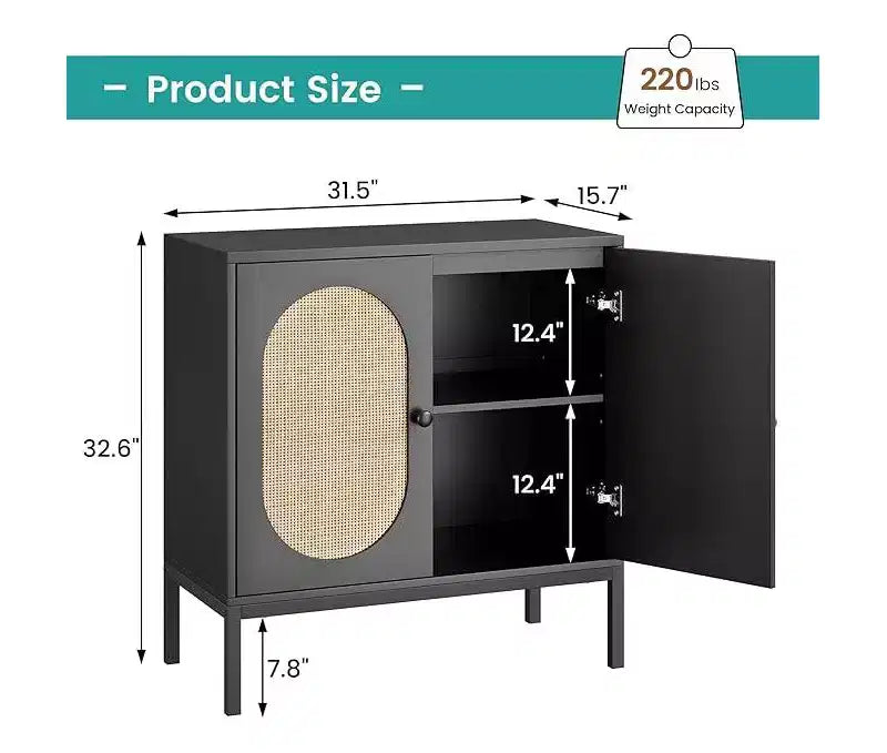 Sideboard Buffet Cabinet, Wooden Storage Cabinet with Natural Rattan Doors, Double-layer Sideboard with Solid Metal Feet, for Hallway, Living Room