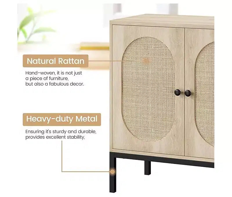 Sideboard Buffet Cabinet, Wooden Storage Cabinet with Natural Rattan Doors, Double-layer Sideboard with Solid Metal Feet, for Hallway, Living Room