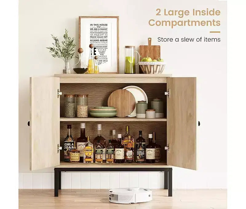 Sideboard Buffet Cabinet, Wooden Storage Cabinet with Natural Rattan Doors, Double-layer Sideboard with Solid Metal Feet, for Hallway, Living Room
