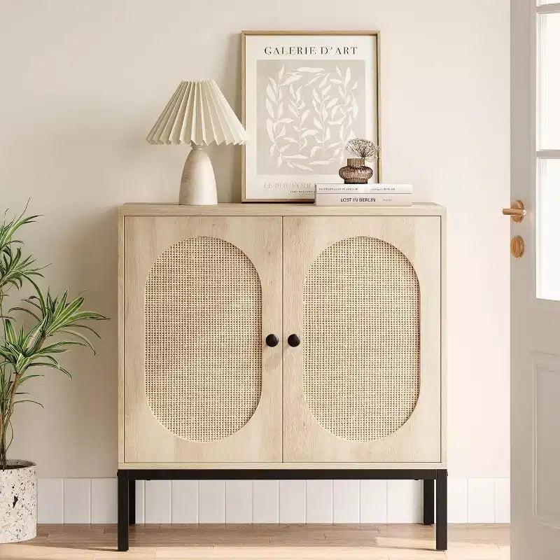 Sideboard Buffet Cabinet, Wooden Storage Cabinet with Natural Rattan Doors, Double-layer Sideboard with Solid Metal Feet, for Hallway, Living Room