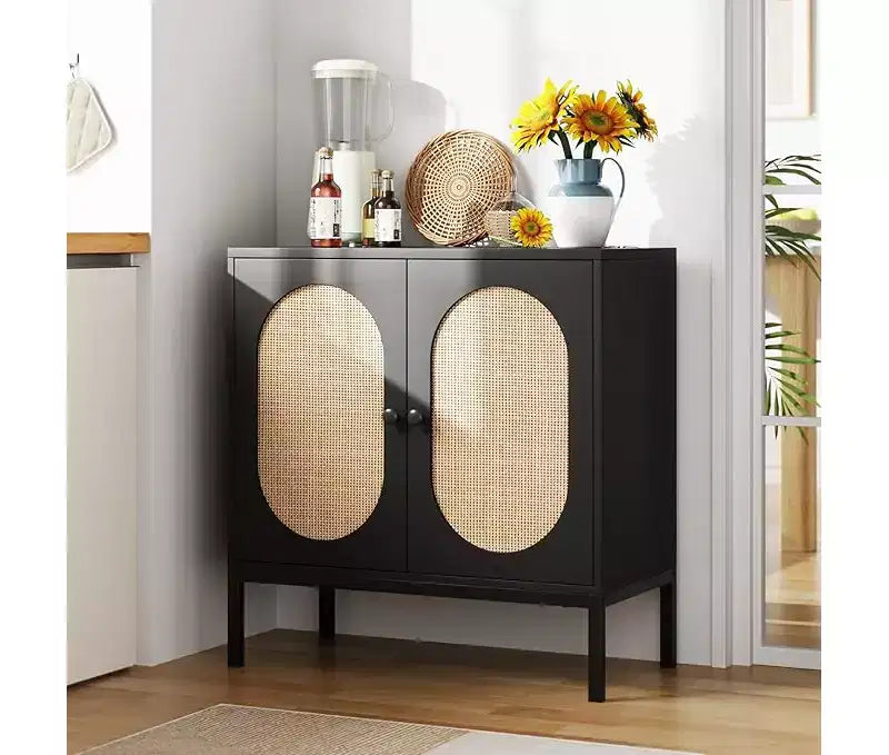 Sideboard Buffet Cabinet, Wooden Storage Cabinet with Natural Rattan Doors, Double-layer Sideboard with Solid Metal Feet, for Hallway, Living Room