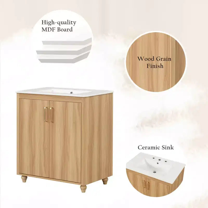 MAYEERTY 30 Bathroom Vanity with Sink Multi-functional Cabinet Doors Drawer MDF Natural
