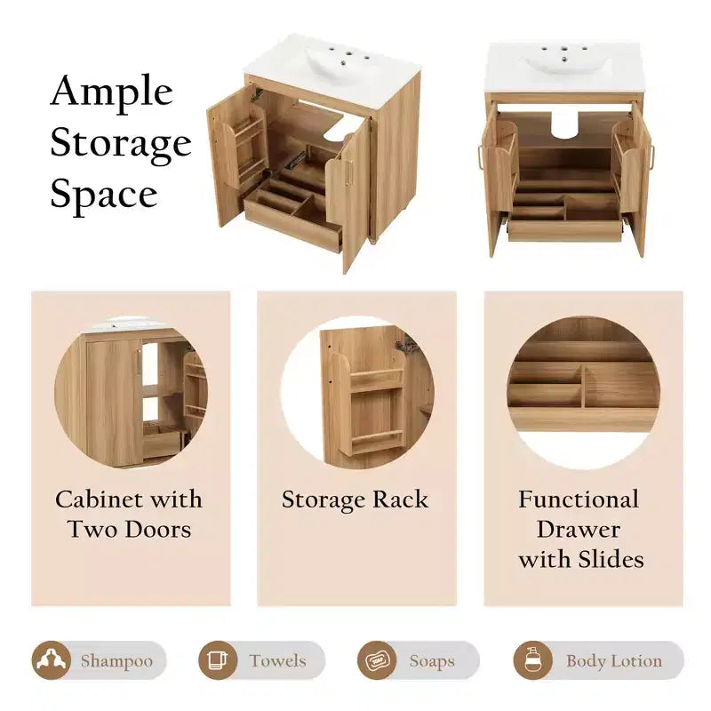 MAYEERTY 30 Bathroom Vanity with Sink Multi-functional Cabinet Doors Drawer MDF Natural