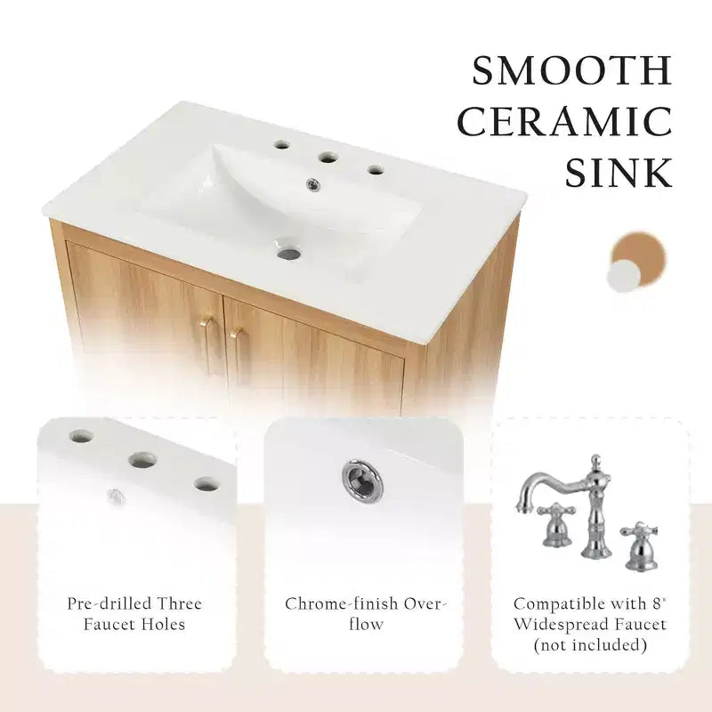 MAYEERTY 30 Bathroom Vanity with Sink Multi-functional Cabinet Doors Drawer MDF Natural