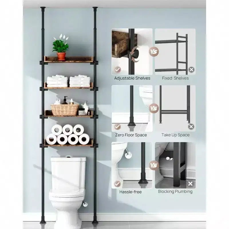 Bathroom Organizer Over Toilet Storage 4 - Tier Adjustable Wood Shelves Small Room Space Saver Narrow Cabinet Rustic Brown