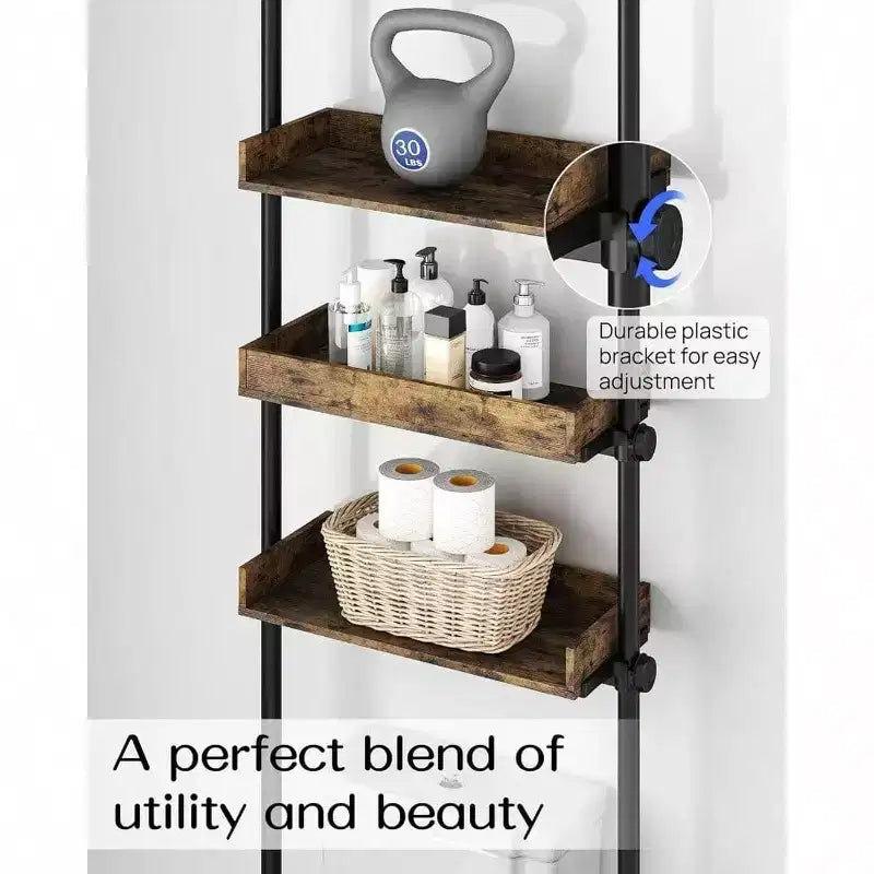 Bathroom Organizer Over Toilet Storage 4 - Tier Adjustable Wood Shelves Small Room Space Saver Narrow Cabinet Rustic Brown