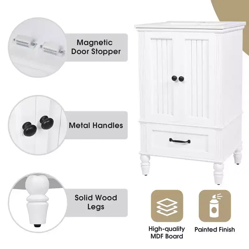 MAYEERTY 20 Bathroom Vanity with Sink 2 Doors Magnetic Stopper Adjustable Foot Pads Drawer White