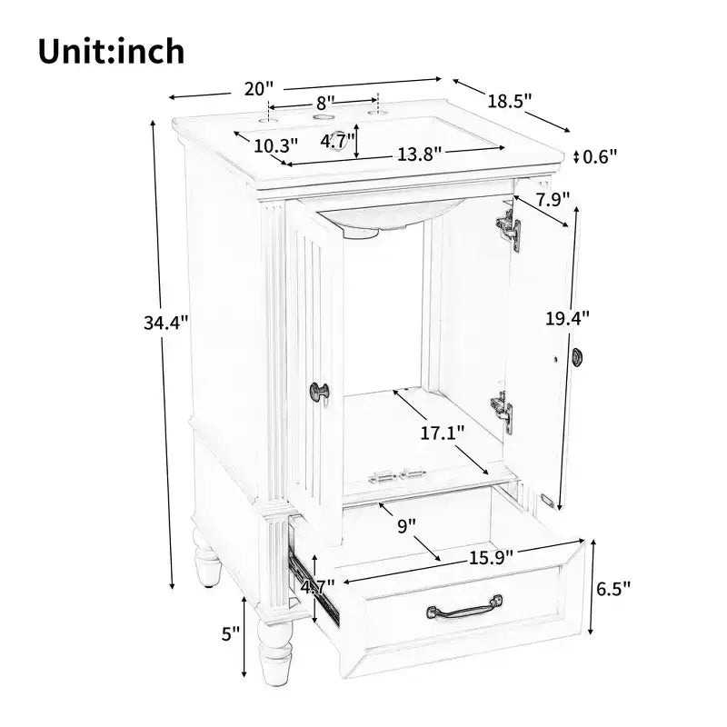 MAYEERTY 20 Bathroom Vanity with Sink 2 Doors Magnetic Stopper Adjustable Foot Pads Drawer White