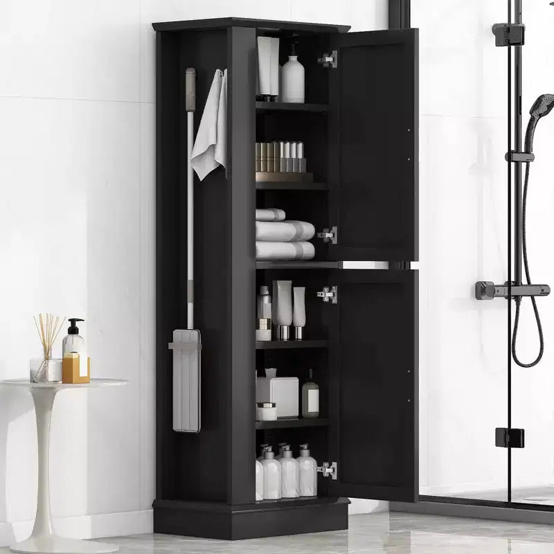 MAYEERTY Tall Bathroom Cabinet Freestanding Hook Adjustable Shelf MDF White