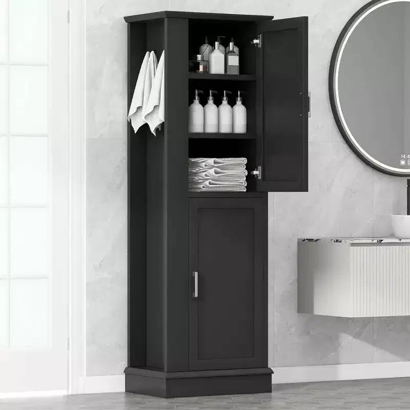 MAYEERTY Tall Bathroom Cabinet Freestanding Hook Adjustable Shelf MDF White