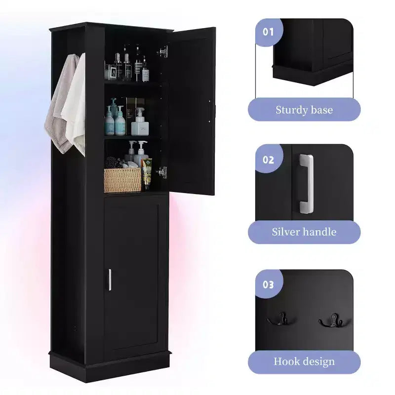 MAYEERTY Tall Bathroom Cabinet Freestanding Hook Adjustable Shelf MDF White