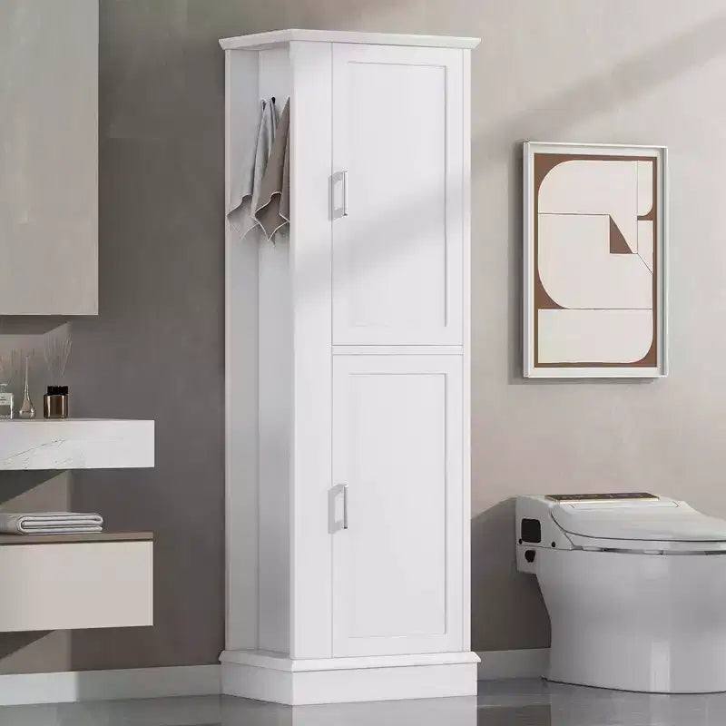 MAYEERTY Tall Bathroom Cabinet Freestanding Hook Adjustable Shelf MDF White