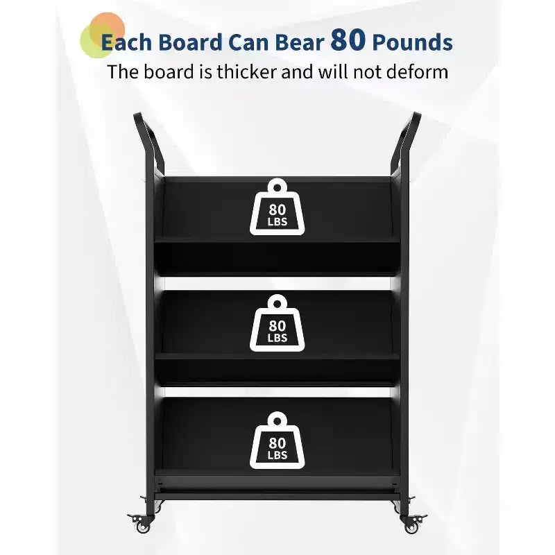 Book Cart, V-Shaped Metal Rolling Cart With 4 Lockable Wheels & Side Hooks, 3-Tier Storage Bookshelf