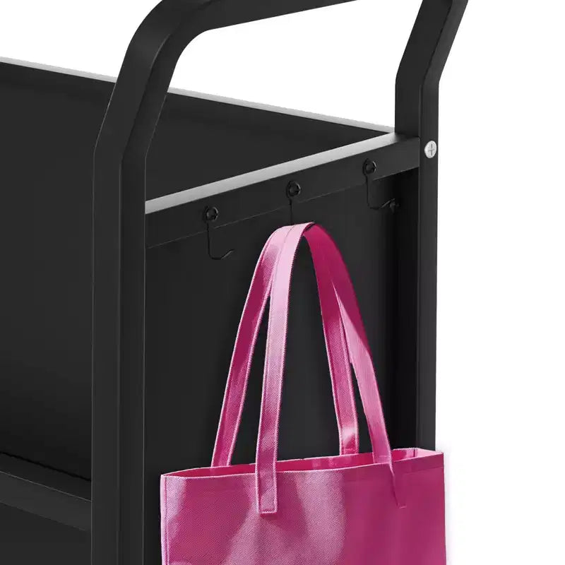 Book Cart, V-Shaped Metal Rolling Cart With 4 Lockable Wheels & Side Hooks, 3-Tier Storage Bookshelf