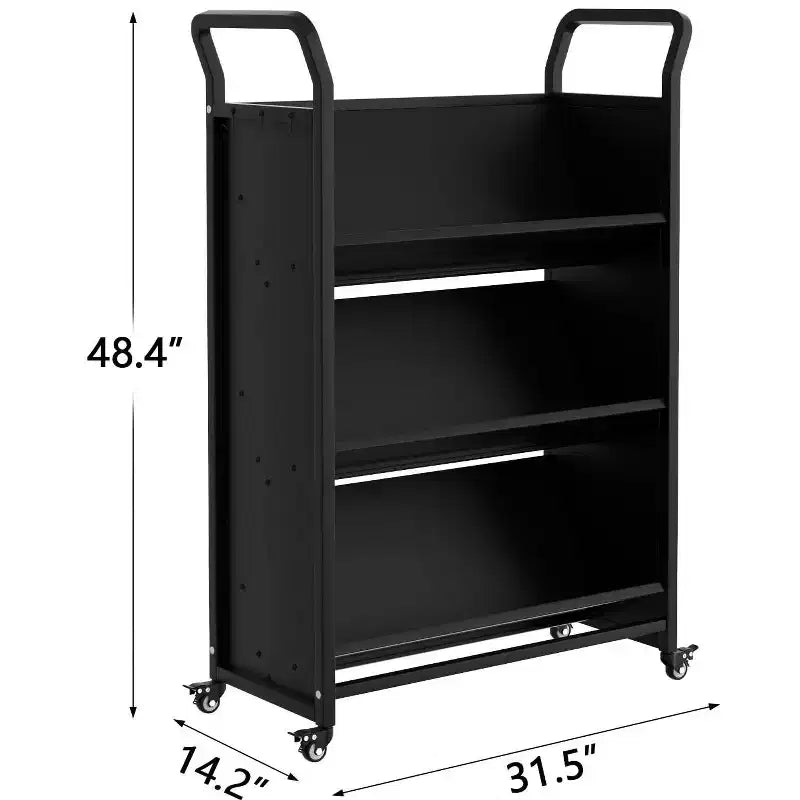 Book Cart, V-Shaped Metal Rolling Cart With 4 Lockable Wheels & Side Hooks, 3-Tier Storage Bookshelf