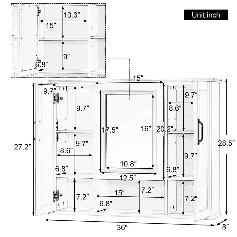 MAYEERTY Wall Mounted Medicine Cabinet, Modern Mirror Cabinet with 3 Doors, Bathroom Storage Cabinet