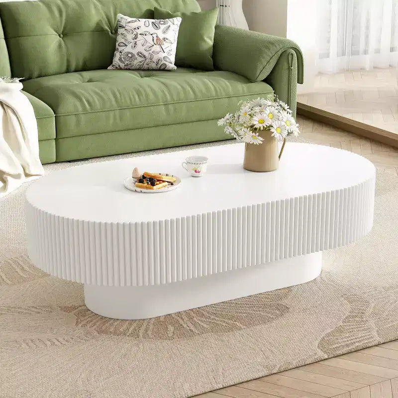 Wood Fluted Coffee Table, Modern Drum End Table, Oval Center Table with Sturdy Base for Living Room